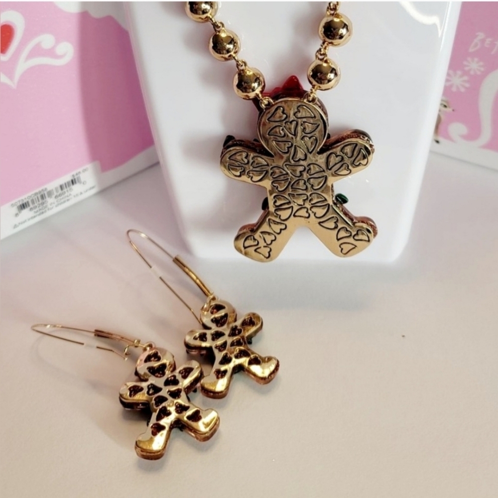 Betsey Johnson Gingerbread Girl Necklace & Earrings w/ red & green rhinestones - Picture 9 of 13